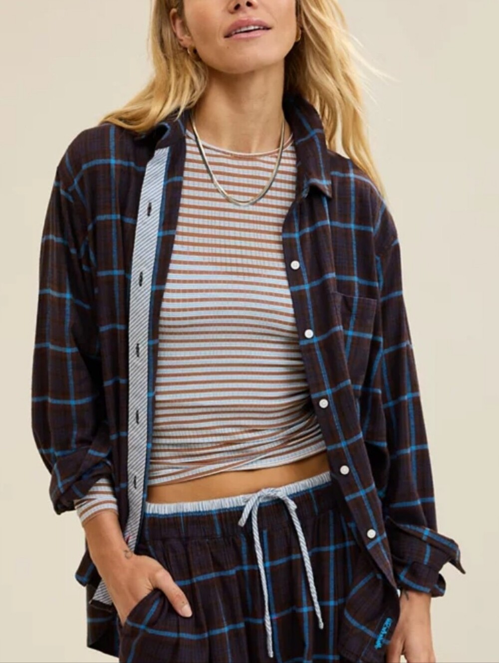 Aerie Blue-Trim Brown Plaid Women's Button-Up Pj Shirt Natural Material Cmft L